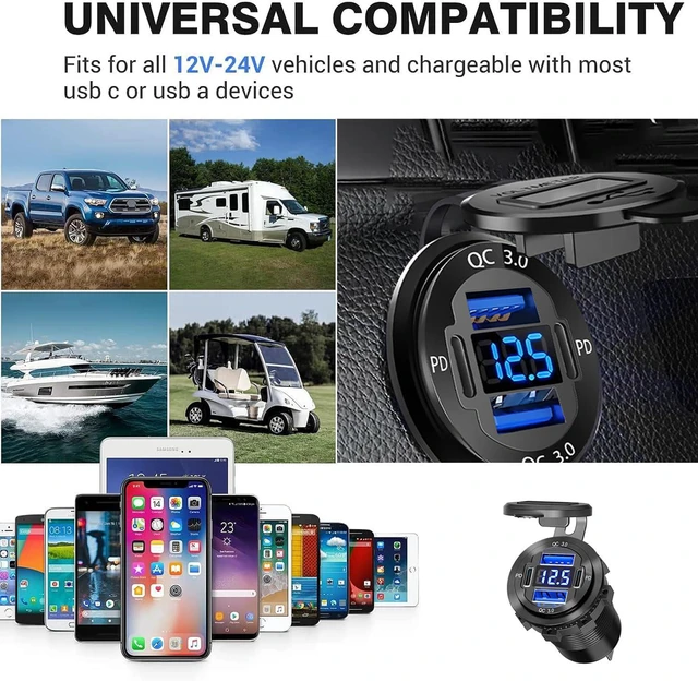Alt view image 7 of 7 - Upgraded 12V USB Charger with 4 Ports - Aluminum Alloy Car Outlet with LED Voltmeter for Cars, Golf Carts, Boats, RVs, Trucks, and Motorcycles (Pack of 1)