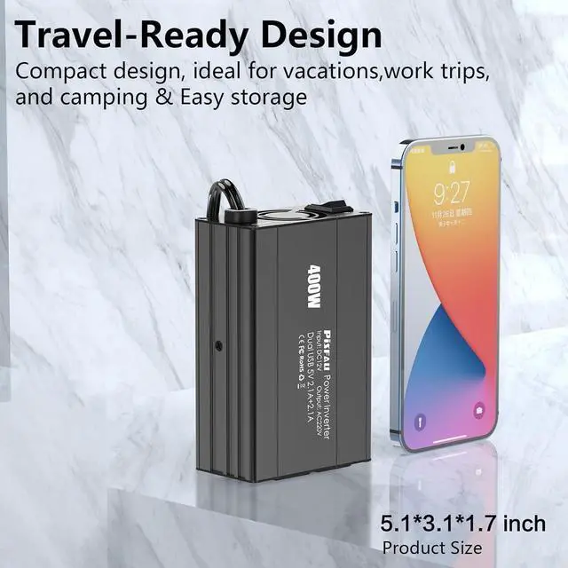 Alt view image 4 of 7 - 400W Car Power Inverter,DC 12V to 110V AC Car Plug Adapter Outlet Converter with [65W USB-C] /USB-Fast Charger(24W) car Charger for Laptop Computer