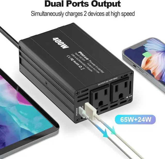 Alt view image 6 of 7 - 400W Car Power Inverter,DC 12V to 110V AC Car Plug Adapter Outlet Converter with [65W USB-C] /USB-Fast Charger(24W) car Charger for Laptop Computer