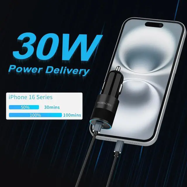 Alt view image 2 of 7 - 60W Fast USB C Car Charger Dual 30W PD 3.0 Charging Ports Cigarette Lighter Adapter for iPhone 17 Pro Max 16 15 iPad Google Pixel 10 9  Galaxy S25 S24 Android Phone with 3.3ft Type C Cable