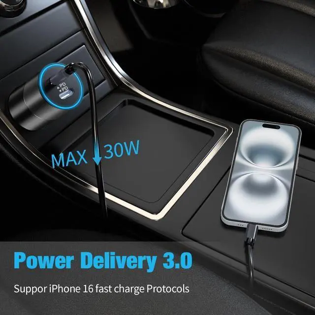 Alt view image 3 of 7 - 60W Fast USB C Car Charger Dual 30W PD 3.0 Charging Ports Cigarette Lighter Adapter for iPhone 17 Pro Max 16 15 iPad Google Pixel 10 9  Galaxy S25 S24 Android Phone with 3.3ft Type C Cable