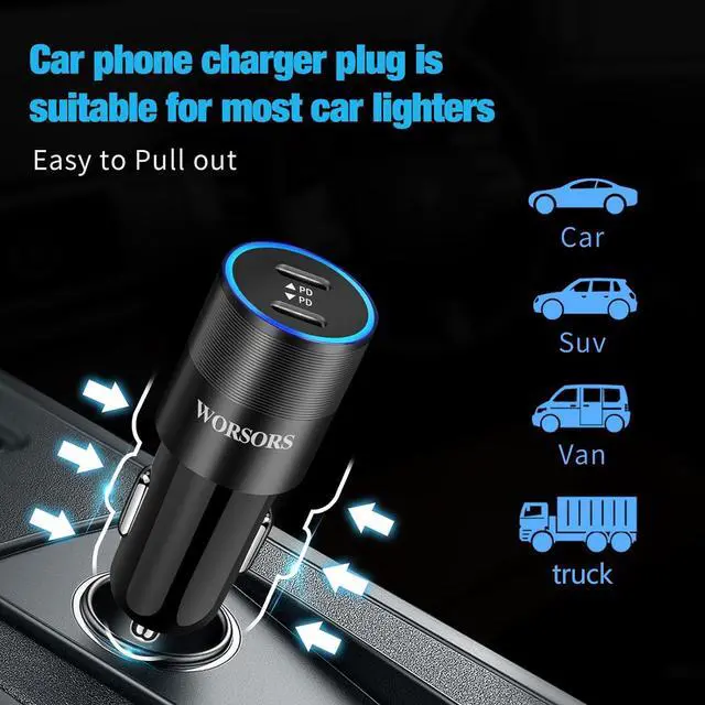 Alt view image 5 of 7 - 60W Fast USB C Car Charger Dual 30W PD 3.0 Charging Ports Cigarette Lighter Adapter for iPhone 17 Pro Max 16 15 iPad Google Pixel 10 9  Galaxy S25 S24 Android Phone with 3.3ft Type C Cable