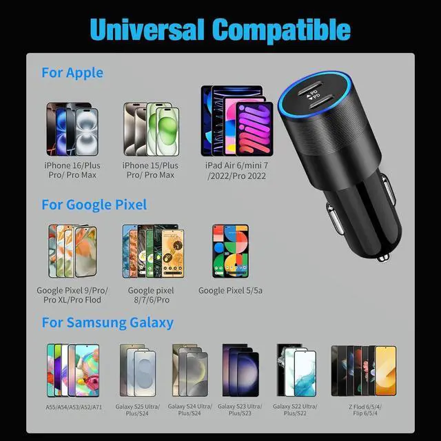 Alt view image 7 of 7 - 60W Fast USB C Car Charger Dual 30W PD 3.0 Charging Ports Cigarette Lighter Adapter for iPhone 17 Pro Max 16 15 iPad Google Pixel 10 9  Galaxy S25 S24 Android Phone with 3.3ft Type C Cable