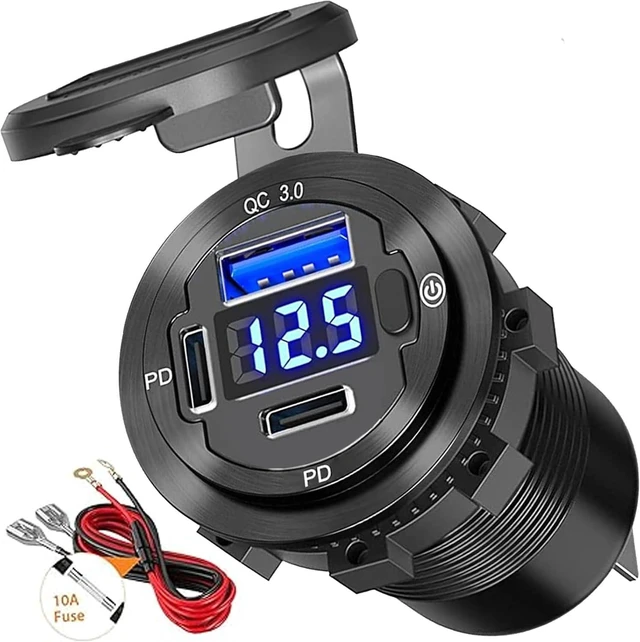 Main image of 12V USB Outlet, VANONE Aluminum Alloy Dual 36W PD USB C Ports & 18W QC3.0 USB charging Port 12 Volt Outlet Charger Socket, Accessories for Car Boat Marine Motorcycle RV ATV Truck Golf Cart, etc