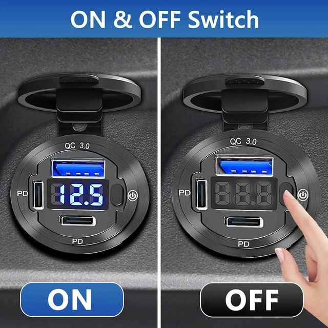 Alt view image 3 of 7 - 12V USB Outlet, VANONE Aluminum Alloy Dual 36W PD USB C Ports & 18W QC3.0 USB charging Port 12 Volt Outlet Charger Socket, Accessories for Car Boat Marine Motorcycle RV ATV Truck Golf Cart, etc
