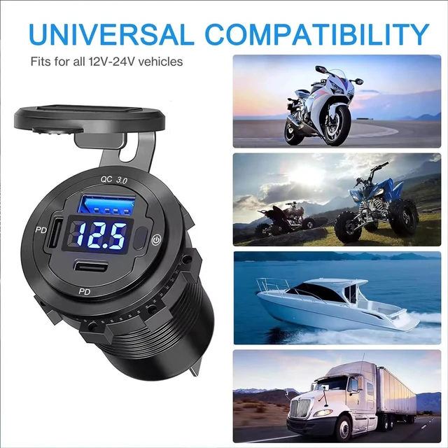 Alt view image 5 of 7 - 12V USB Outlet, VANONE Aluminum Alloy Dual 36W PD USB C Ports & 18W QC3.0 USB charging Port 12 Volt Outlet Charger Socket, Accessories for Car Boat Marine Motorcycle RV ATV Truck Golf Cart, etc