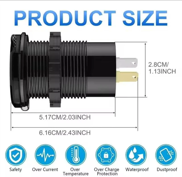 Alt view image 7 of 7 - 12V USB Outlet, VANONE Aluminum Alloy Dual 36W PD USB C Ports & 18W QC3.0 USB charging Port 12 Volt Outlet Charger Socket, Accessories for Car Boat Marine Motorcycle RV ATV Truck Golf Cart, etc
