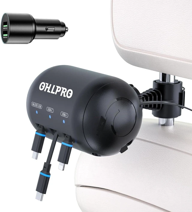 Main image of OHLPRO 3-in-1 Retractable Backseat Car Charging Station, 36W Fast Car Charger for All Phones (iPhone, Samsung), Ideal for Lyft, Turo, Uber, Taxi, Rideshare, Customer Charging Dock Attach to Headrest