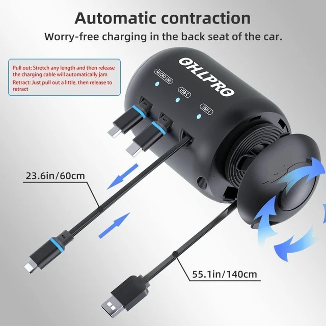 Alt view image 4 of 7 - OHLPRO 3-in-1 Retractable Backseat Car Charging Station, 36W Fast Car Charger for All Phones (iPhone, Samsung), Ideal for Lyft, Turo, Uber, Taxi, Rideshare, Customer Charging Dock Attach to Headrest