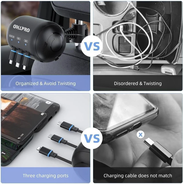 Alt view image 3 of 7 - OHLPRO 3-in-1 Retractable Backseat Car Charging Station, 36W Fast Car Charger for All Phones (iPhone, Samsung), Ideal for Lyft, Turo, Uber, Taxi, Rideshare, Customer Charging Dock Attach to Headrest