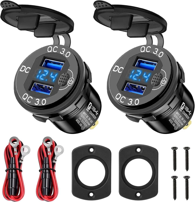 Main image of Linkstyle 2PCS 12V USB Outlet, 18W QC3.0 Dual USB Socket Outlet Panel with Blue LED Voltmeter & Switch for Car Motorcycle Boat