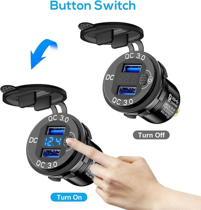 Alt view image 3 of 7 - Linkstyle 2PCS 12V USB Outlet, 18W QC3.0 Dual USB Socket Outlet Panel with Blue LED Voltmeter & Switch for Car Motorcycle Boat