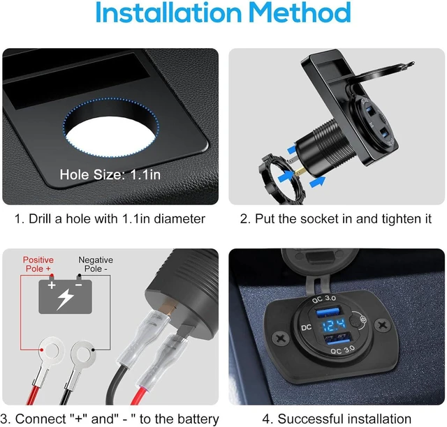 Alt view image 6 of 7 - Linkstyle 2PCS 12V USB Outlet, 18W QC3.0 Dual USB Socket Outlet Panel with Blue LED Voltmeter & Switch for Car Motorcycle Boat