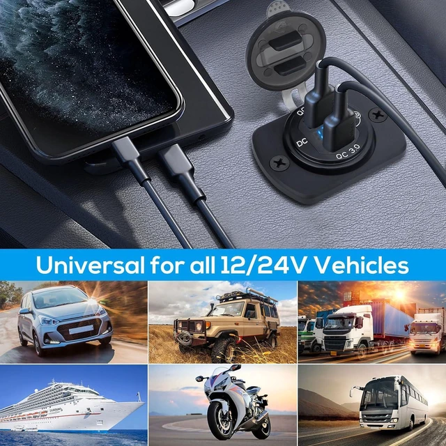 Alt view image 7 of 7 - Linkstyle 2PCS 12V USB Outlet, 18W QC3.0 Dual USB Socket Outlet Panel with Blue LED Voltmeter & Switch for Car Motorcycle Boat