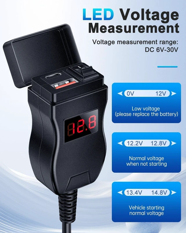 Alt view image 3 of 7 - EXTRACTME Motorcycle USB Charger, Dual USB Type C PD & Quick Charge 3.0 Motorcycle Phone Charger with Voltmeter & ON/Off Switch, Waterproof Motorcycle Accessories for All Phone, Tablet, GPS (Red)