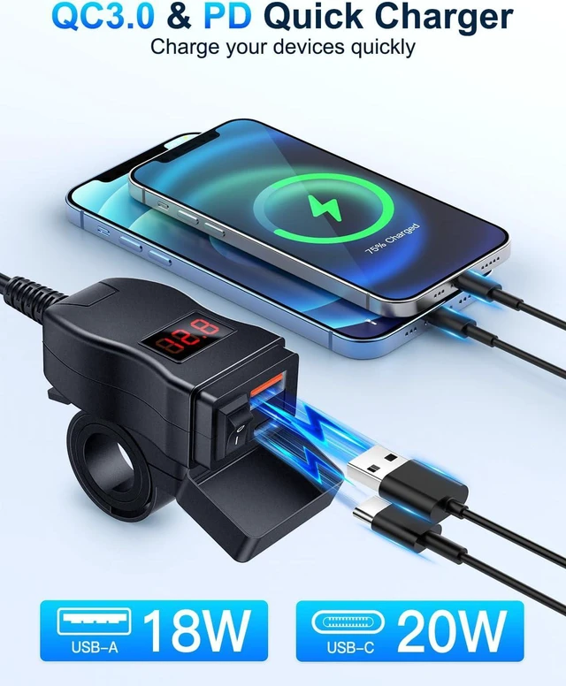 Alt view image 2 of 7 - EXTRACTME Motorcycle USB Charger, Dual USB Type C PD & Quick Charge 3.0 Motorcycle Phone Charger with Voltmeter & ON/Off Switch, Waterproof Motorcycle Accessories for All Phone, Tablet, GPS (Red)