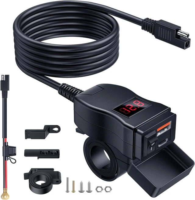 Main image of EXTRACTME Motorcycle USB Charger, Dual USB Type C PD & Quick Charge 3.0 Motorcycle Phone Charger with Voltmeter & ON/Off Switch, Waterproof Motorcycle Accessories for All Phone, Tablet, GPS (Red)