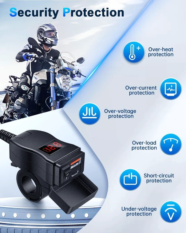 Alt view image 4 of 7 - EXTRACTME Motorcycle USB Charger, Dual USB Type C PD & Quick Charge 3.0 Motorcycle Phone Charger with Voltmeter & ON/Off Switch, Waterproof Motorcycle Accessories for All Phone, Tablet, GPS (Red)