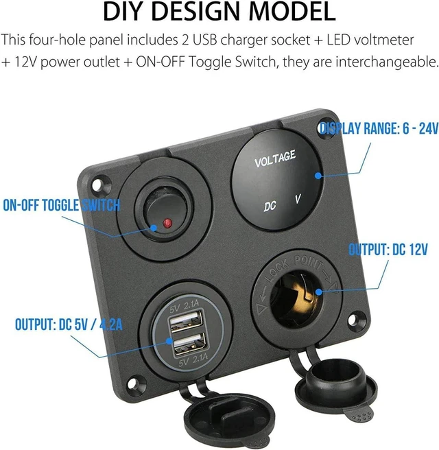 Alt view image 2 of 7 - Linkstyle Charger Socket Panel, 12V 4.2A Dual USB Charger Socket Power Outlet & LED Voltmeter & Cigarette Lighter Socket & ON/Off Rocker Toggle Switch for Car
