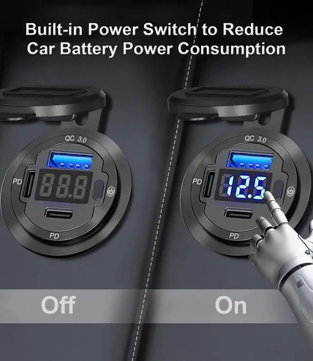 Alt view image 3 of 7 - 78W Triple-Port 12V USB Outlet with Voltmeter & Switch - Dual PD3.0 & QC3.0 Quick Charge Car Charger Socket Aluminum Alloy Waterproof USB C Port for Car Boat Marine Motorcycle RV Truck ATV Golf Cart