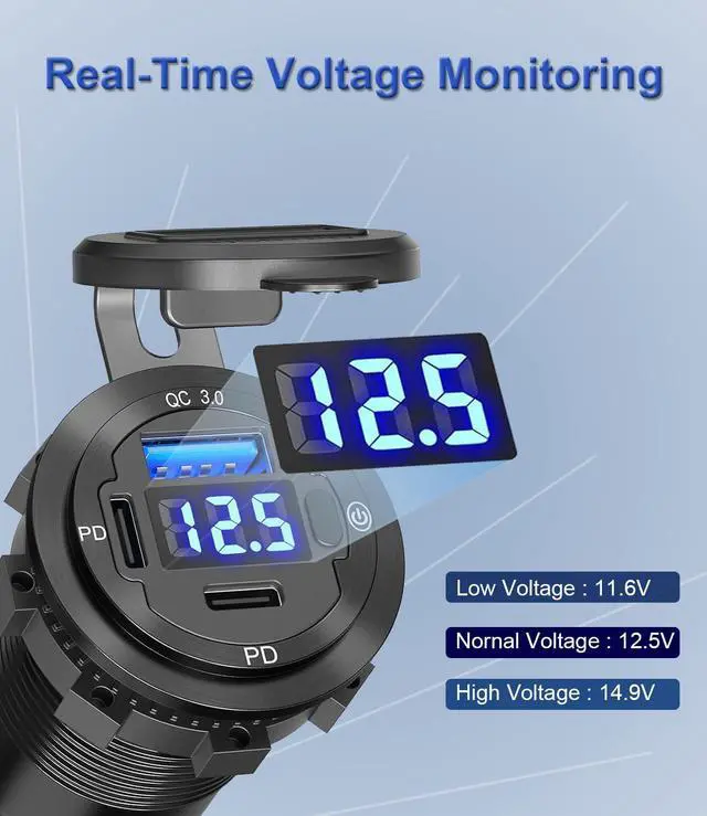 Alt view image 4 of 7 - 78W Triple-Port 12V USB Outlet with Voltmeter & Switch - Dual PD3.0 & QC3.0 Quick Charge Car Charger Socket Aluminum Alloy Waterproof USB C Port for Car Boat Marine Motorcycle RV Truck ATV Golf Cart