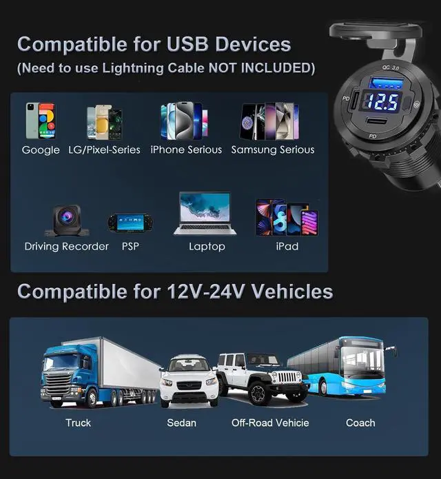 Alt view image 6 of 7 - 78W Triple-Port 12V USB Outlet with Voltmeter & Switch - Dual PD3.0 & QC3.0 Quick Charge Car Charger Socket Aluminum Alloy Waterproof USB C Port for Car Boat Marine Motorcycle RV Truck ATV Golf Cart