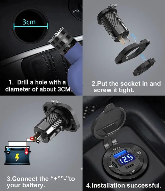 Alt view image 7 of 7 - 78W Triple-Port 12V USB Outlet with Voltmeter & Switch - Dual PD3.0 & QC3.0 Quick Charge Car Charger Socket Aluminum Alloy Waterproof USB C Port for Car Boat Marine Motorcycle RV Truck ATV Golf Cart