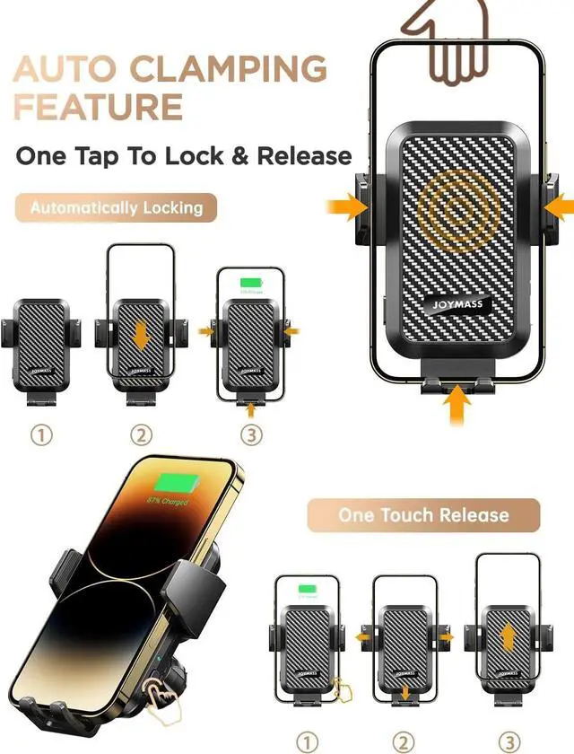 Alt view image 4 of 7 - Wireless Car Charger Phone Holders for Your Car 15W Auto Clamping Phone Mount Car Accessories for iPhone 16 15 14 13 12 Mini Pro Max 11 XR XS  Galaxy S24 Ultra S23 S22+ Note 20 etc