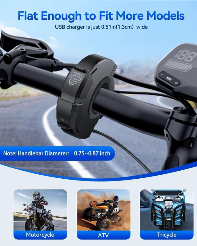 Alt view image 3 of 7 - EXTRACTME Motorcycle Phone Charger, Ultra-Narrow Dual USB Type C 30W PD & Quick Charge 3.0 Motorcycle USB Charger, Waterproof Motorcycle USB Port for Phone, Tablet, GPS (Only 0.51 in Wide)