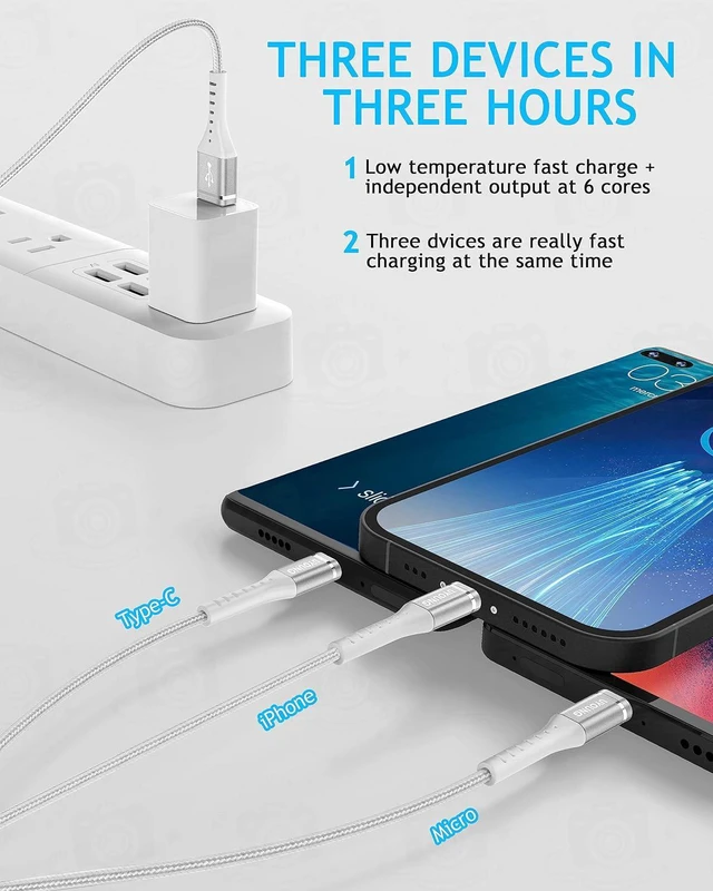 Alt view image 3 of 7 - 2Pack 4FT Multi Charging Cable Multiple USB 3 in 1 Charger Cable Universal Nylon Braided Fast Charge Cord with Type-C/Lightning/Micro USB Port Connectors for Cell Phone/iPhone/Tablet and More