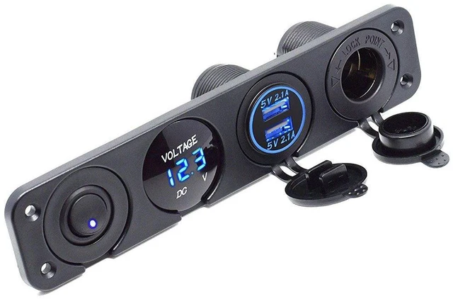 Alt view image 2 of 7 - Meipire Dual USB Socket Charger 2.1A+2.1A + LED Voltmeter + 12V Power Outlet + ON-OFF Toggle Switch Four Functions Panel for Car Boat Marine RV Truck Camper Vehicles GPS Mobiles (Blue)