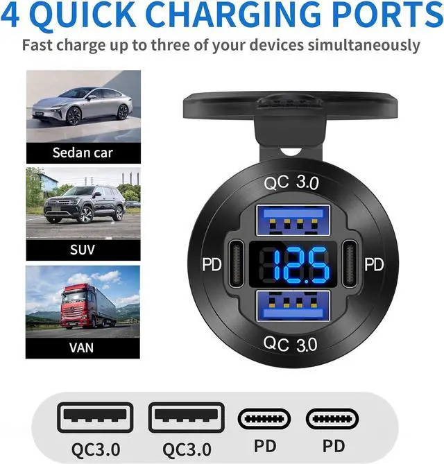 Alt view image 2 of 7 - 78W 12V USB Outlet 4 Port Car Charger Socket, Dual PD USB C and Dual Quick Charge 3.0 Port Aluminum Charger with Voltmeter DIY Kit Waterproof for Car Boat Marine Motorcycle RV ATV Truck Golf Cart, etc