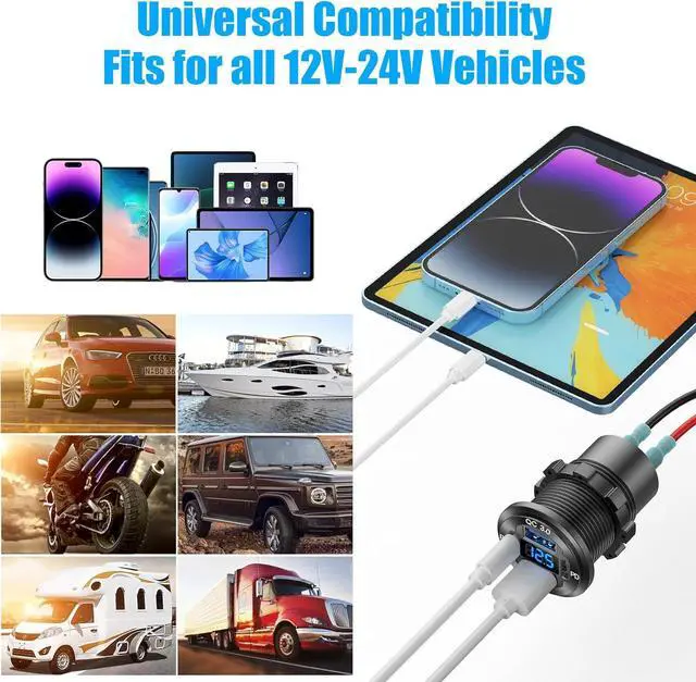 Alt view image 7 of 7 - 78W 12V USB Outlet 4 Port Car Charger Socket, Dual PD USB C and Dual Quick Charge 3.0 Port Aluminum Charger with Voltmeter DIY Kit Waterproof for Car Boat Marine Motorcycle RV ATV Truck Golf Cart, etc