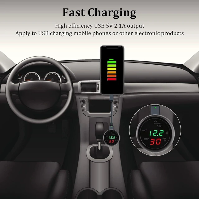 Alt view image 3 of 7 - Car USB Charger, 5V 2.1A Fast Charging 3in1 Built-in Voltmeter Thermometer Universal Car Cigarette Lighter, Dual Led Digital Display Voltage Gauge for 12V-24V Cars, SUVs, Trucks (Green+red)