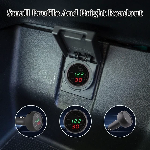 Alt view image 4 of 7 - Car USB Charger, 5V 2.1A Fast Charging 3in1 Built-in Voltmeter Thermometer Universal Car Cigarette Lighter, Dual Led Digital Display Voltage Gauge for 12V-24V Cars, SUVs, Trucks (Green+red)