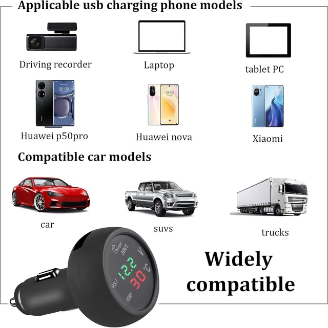 Alt view image 5 of 7 - Car USB Charger, 5V 2.1A Fast Charging 3in1 Built-in Voltmeter Thermometer Universal Car Cigarette Lighter, Dual Led Digital Display Voltage Gauge for 12V-24V Cars, SUVs, Trucks (Green+red)