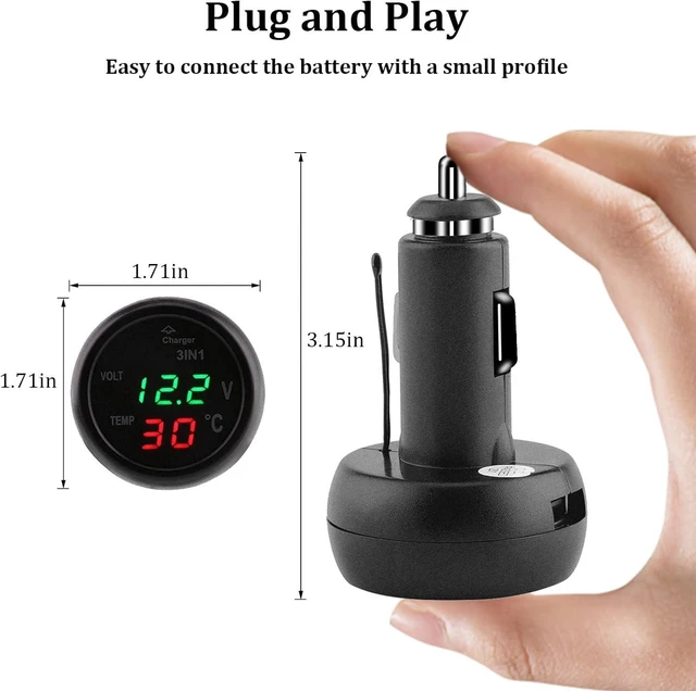 Alt view image 2 of 7 - Car USB Charger, 5V 2.1A Fast Charging 3in1 Built-in Voltmeter Thermometer Universal Car Cigarette Lighter, Dual Led Digital Display Voltage Gauge for 12V-24V Cars, SUVs, Trucks (Green+red)