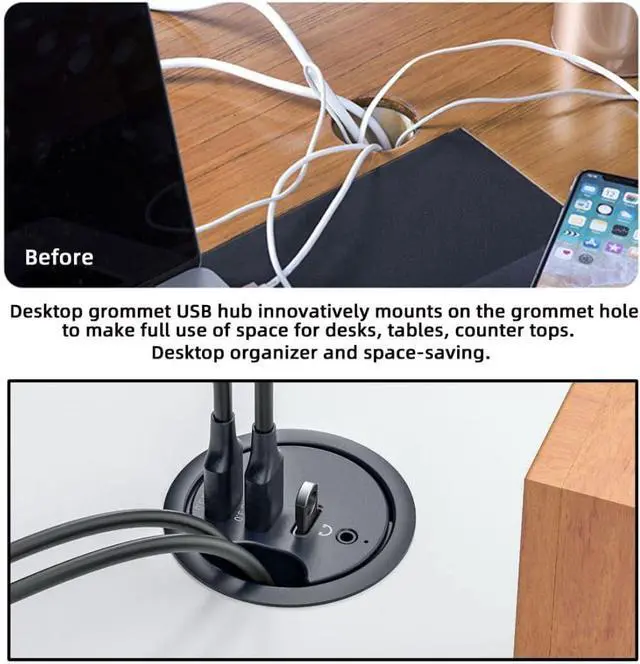 Alt view image 4 of 7 - ChenYang USB 3.0 Flush Mount Desktop HUB,2 USB 3.0 Port/1 USB C Port HUB Grommet Hole 2.36"(60mm) with 3.5mm Audio Port