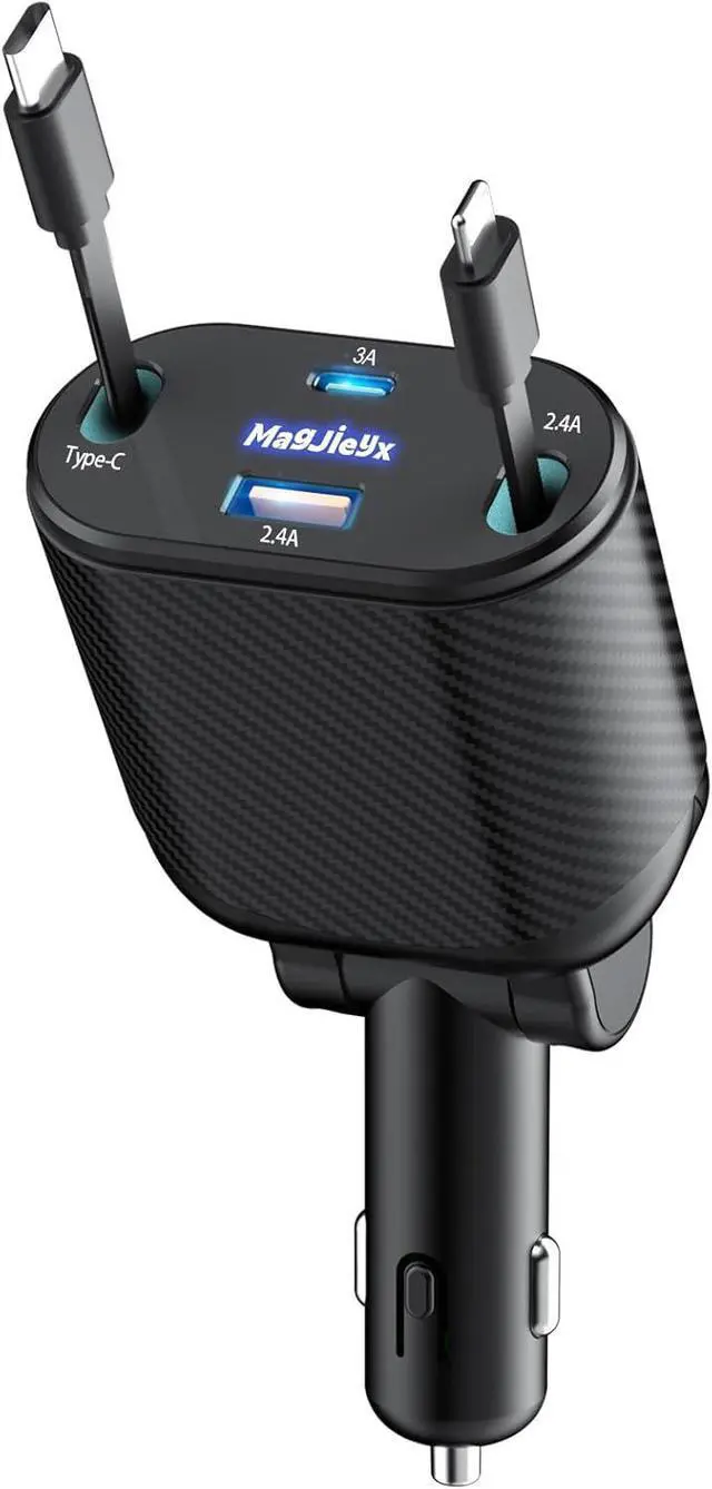 Main image of Retractable Car Charger 4 in 1 Fast Charging Adapter Magjieyx 62W Retractable Type-C/USB-i Cables and USB C/USB A QC & PD Devices for iPhone 16/15/14/13/12Pro Max Plus iPad AirPods Galaxy