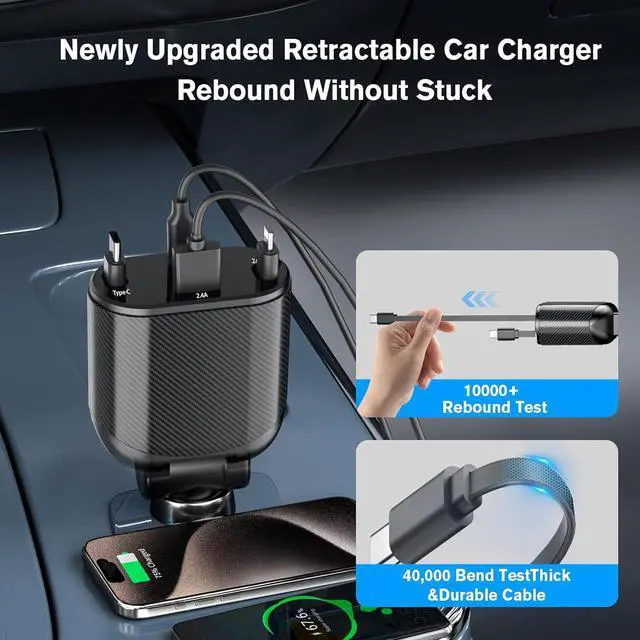 Alt view image 2 of 6 - Retractable Car Charger 4 in 1 Fast Charging Adapter Magjieyx 62W Retractable Type-C/USB-i Cables and USB C/USB A QC & PD Devices for iPhone 16/15/14/13/12Pro Max Plus iPad AirPods Galaxy