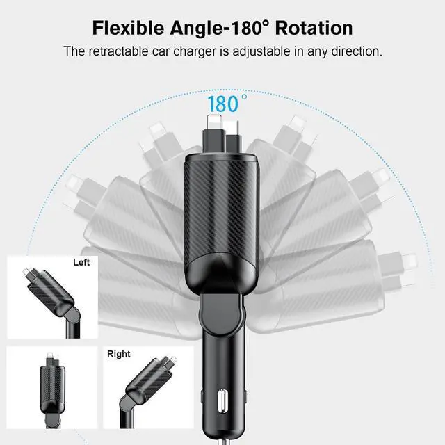 Alt view image 4 of 6 - Retractable Car Charger 4 in 1 Fast Charging Adapter Magjieyx 62W Retractable Type-C/USB-i Cables and USB C/USB A QC & PD Devices for iPhone 16/15/14/13/12Pro Max Plus iPad AirPods Galaxy