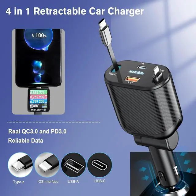 Alt view image 5 of 6 - Retractable Car Charger 4 in 1 Fast Charging Adapter Magjieyx 62W Retractable Type-C/USB-i Cables and USB C/USB A QC & PD Devices for iPhone 16/15/14/13/12Pro Max Plus iPad AirPods Galaxy