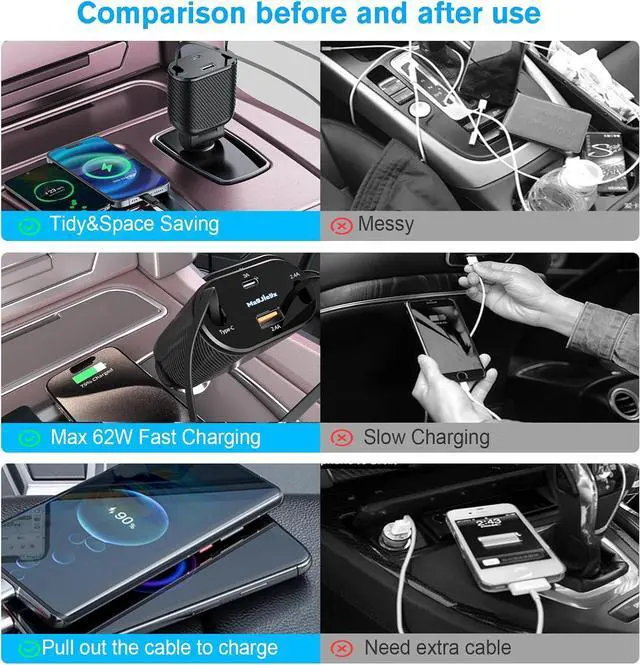 Alt view image 6 of 6 - Retractable Car Charger 4 in 1 Fast Charging Adapter Magjieyx 62W Retractable Type-C/USB-i Cables and USB C/USB A QC & PD Devices for iPhone 16/15/14/13/12Pro Max Plus iPad AirPods Galaxy