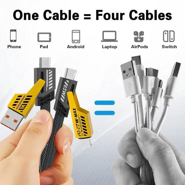 Alt view image 3 of 7 - 2Pack 4 in 1 Fast Charging Cable Transferring Data 6.65 Ft Braided Cable 65W USB C USB A and IP Multiple Charging Cable for Phone/Pad/More