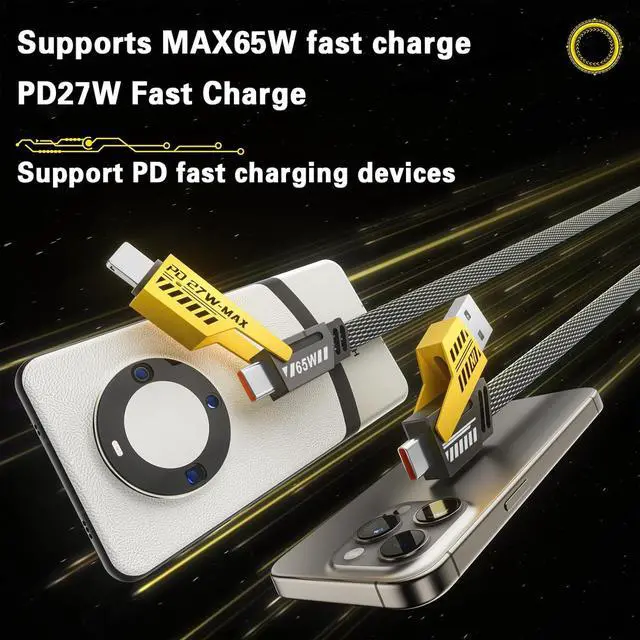 Alt view image 5 of 7 - 2Pack 4 in 1 Fast Charging Cable Transferring Data 6.65 Ft Braided Cable 65W USB C USB A and IP Multiple Charging Cable for Phone/Pad/More