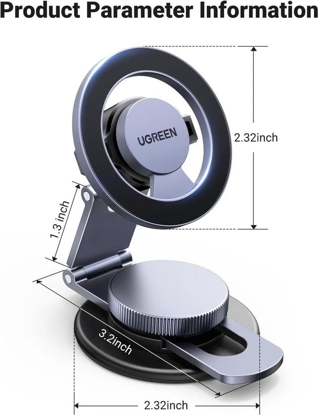 Alt view image 7 of 7 - UGREEN Magsafe Phone Mount for Car 360° Rotation Magnetic Phone Holder Dashboard Cell Phone Holder Compatible for iPhone 16 15 14 13 12 Series and MagSafe Case
