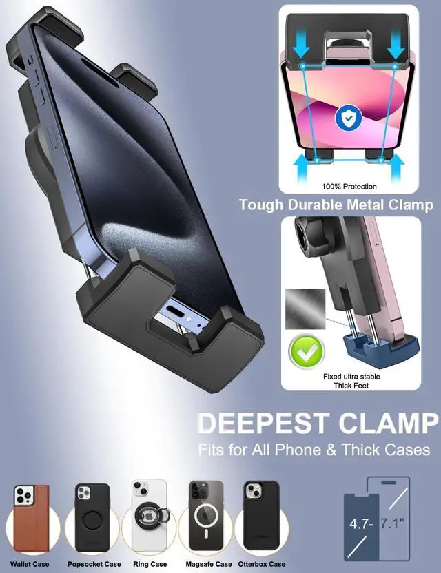 Alt view image 6 of 7 - Dashboard Clip Car Phone Mount Car Sun Visor & Rearview Mirror Clamp Cellphone Holder with Adjustable Arm for iPhone 16 Pro Max 15 14 13 12 11 XS XR X 8 Plus Galaxy S24 Android and All Smartphones
