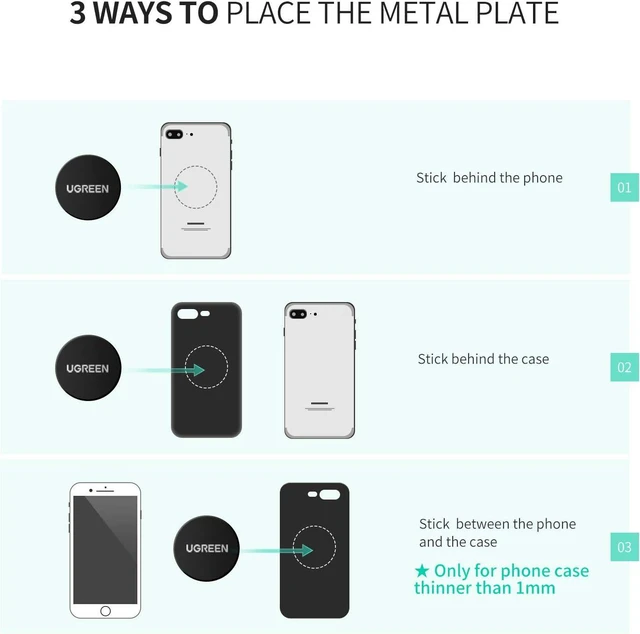 Alt view image 4 of 7 - UGREEN Metal Plate for Magnetic Car Mount Cell Phone Magnet Holder with Strong Adhesive Sticker, 2 Round and 2 Rectangle Black