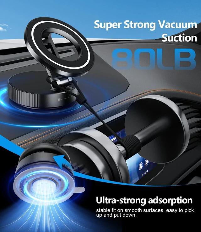 Alt view image 2 of 7 - CloudValley Magnetic Car Phone Holder - Vacuum Suction Cup Phone Mount 360° Adjustable, Durable Metal Stand for iPhone & Android, Portable Magnetic Holder for Dashboard/Windshield/Gym Mirror (Black)