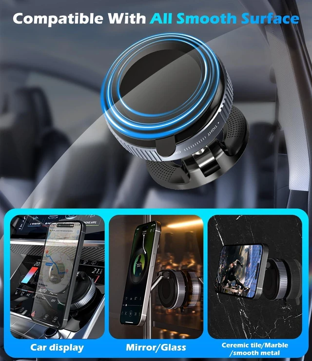Alt view image 6 of 7 - ALAFLY Vacuum Suction Cup Car Phone Holder, Compatible with MagSafe, 360° Adjustable & Foldable Magnetic Phone Mount for Car/Glass/Any Smooth Surface, Hands-Free - Black